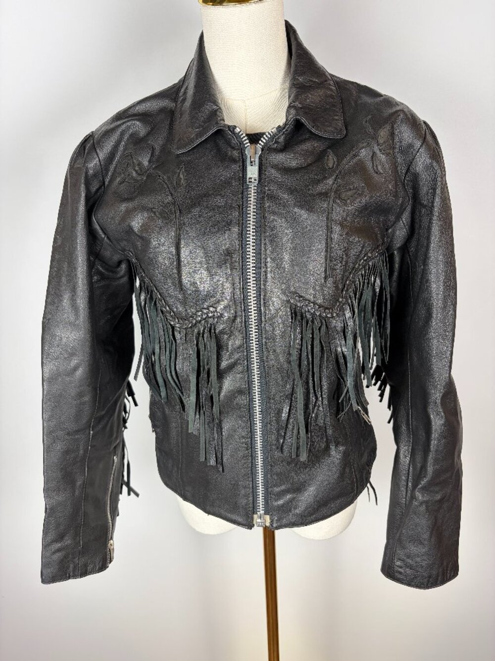 Vintage 90s Pegasus Leather Fringe Jacket Womens 12 Black Rose Western Biker
